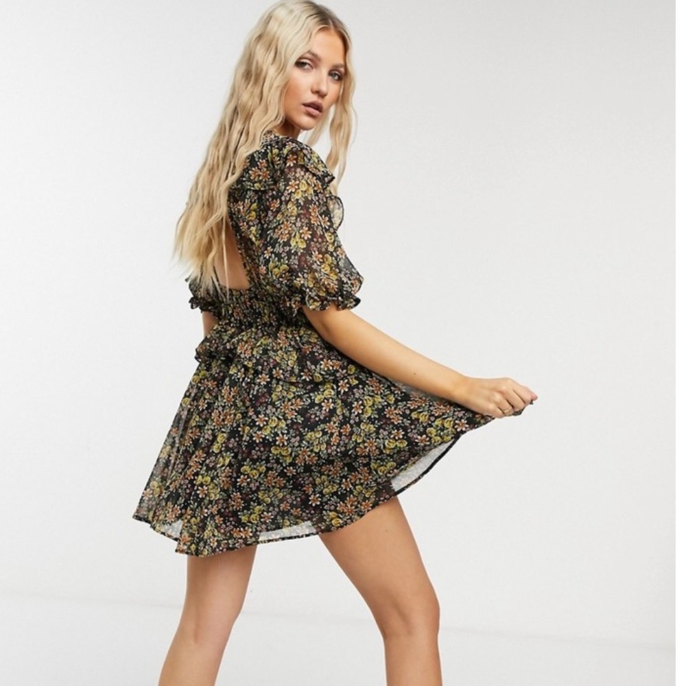 Topshop green floral mini ruffle dress